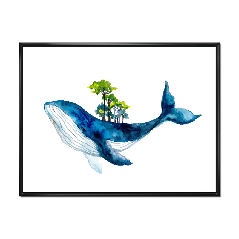Baleine bleue sur fond blanc III - Peinture sur toile, H 34 po x l 44 po, Cadre flottant noir