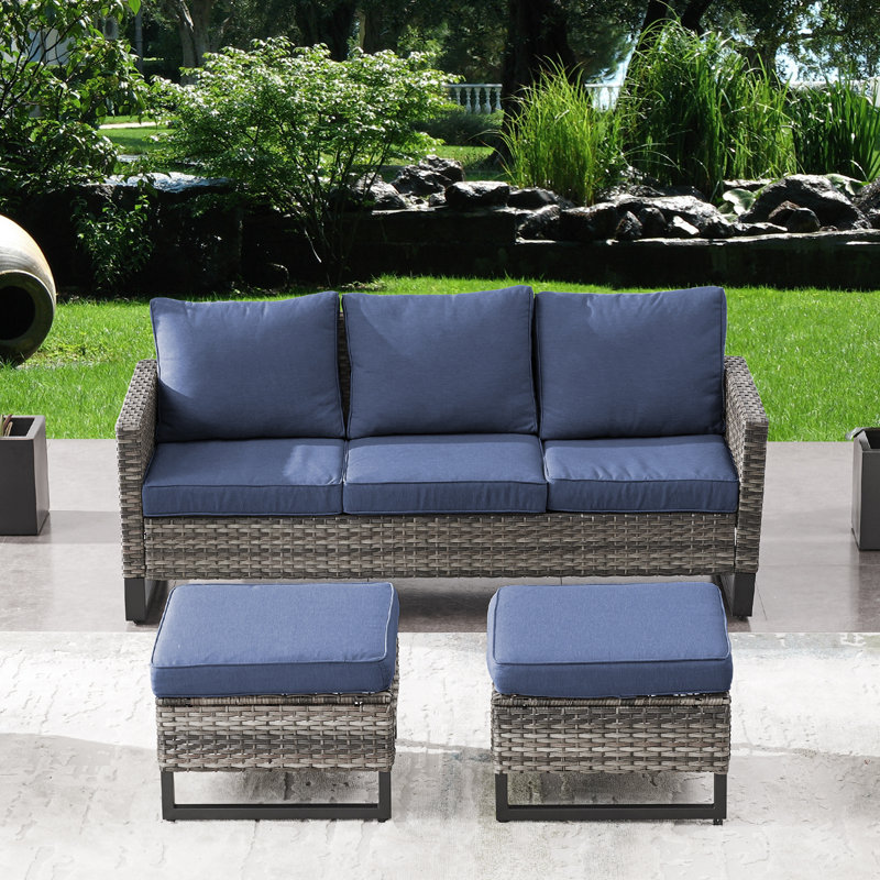 Naresa 74'' Wide Rectangle Wicker Patio Sofa with Cushions, Navy, Gray
