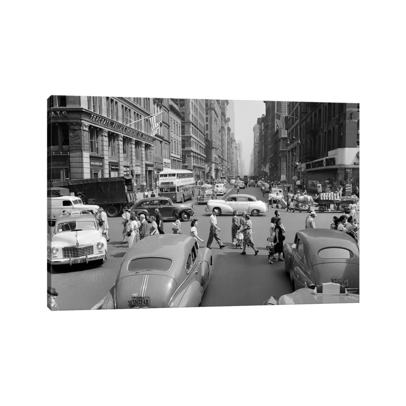 1940s-1950s Street Scene Crowds Traffic Intersection Fifth Avenue & 14Th Street Manhattan NY New York City 1 Piece Wrapped Canvas Wall Art