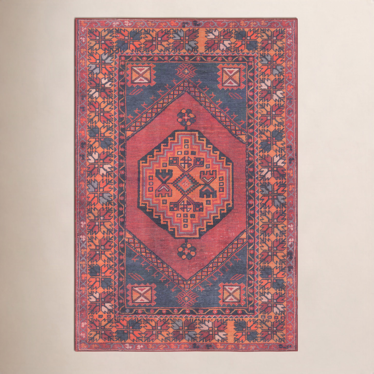 Isthia Red Blue Orange Oriental Rug, Rectangle 2' x 3'