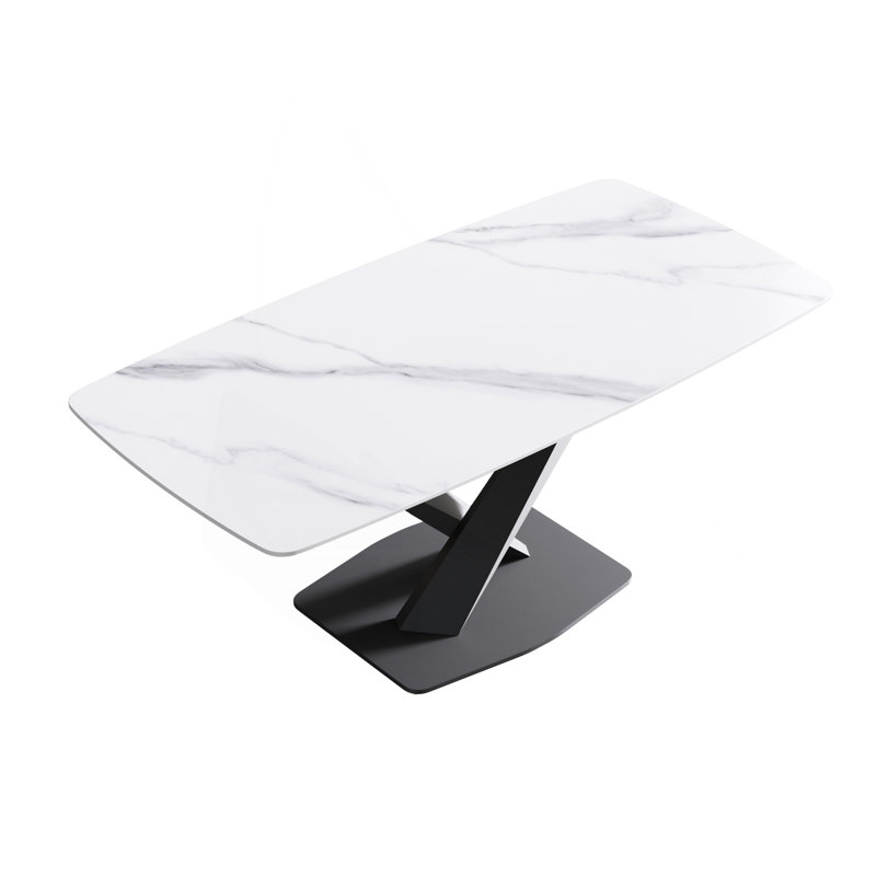 Table de salle à manger 70,87 "en pierre artificielle moderne avec pieds courbés en métal noir et blanc pouvant accueillir 6 à 8 personnes