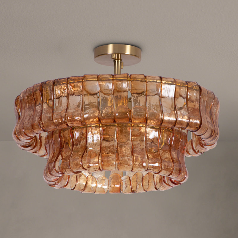 20" 6-Light Brushed Brass Double-Layer Amber Artistic Glass Unique / Statement Semi-Flush Mount For Living Room/Bedroom