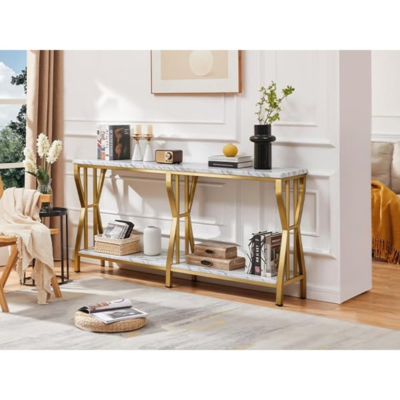 Console extra longue à 2 niveaux de rangement, style industriel, idéale pour passer derrière un canapé, entrée étroite, couloir ou salon, couleur or.