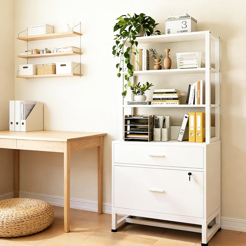 2 classeurs verrouillables avec quatre tablettes, structure en acier blanc et noir, pattes réglables pour bibliothèque à dossiers inégaux, tiroirs à documents importants, pied