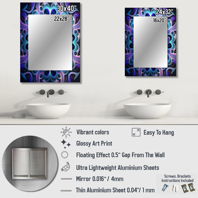 Mandala céleste en mauve et bleu mystérieux II - miroir décoratif mandala boho, miroir mural traditionnel, impression d'art en métal