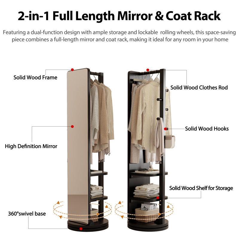 Solid Wood Full Length Mirror | Multifunctional Entryway Organizer with Rack & Hooks | Optional Rotating Base & Casters