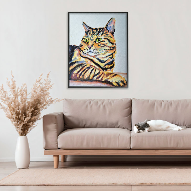 Giclée rayée orange, pose de Tatiana Roberts, H 30 po x l 24 po, Giclée encadrée noir minuit