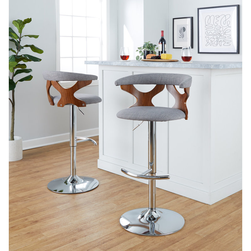 Gray Adjustable Swivel Barstool with Walnut and Chrome Frame