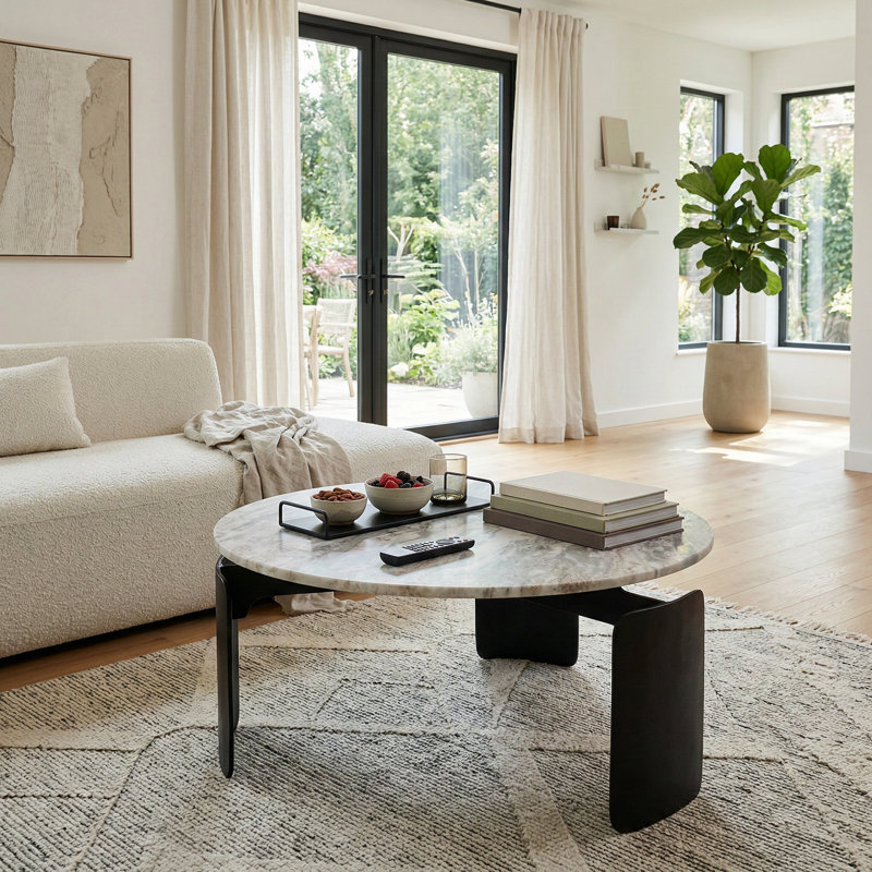 Modern Metal Round Coffee Table for Living Room Table - Contemporary 3-Leg Small Center Table with Stone Top for Home Display - 30", Gray & Black