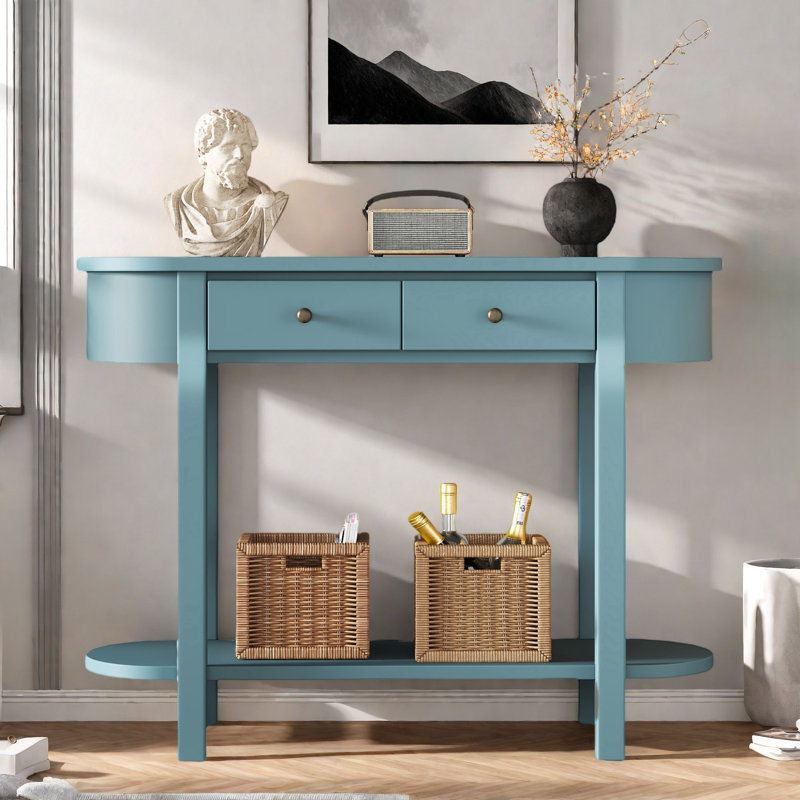 Retro Console Table With Curved Design, Smooth Glaze, 2 Drawers And Metal Handles, Turquoise Green