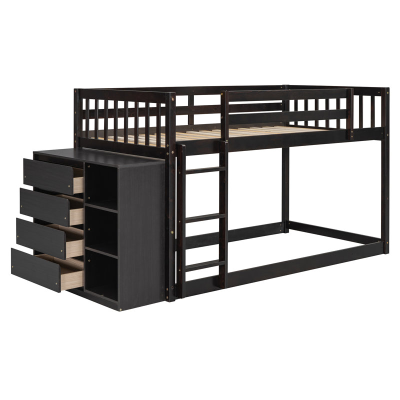 Lit superposé avec 4 tiroirs et 3 tablettes, Lit superposé simple sur simple, Espresso