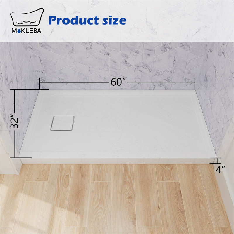 60 In. X 32 In. Rectangle White Acrylic Bathroom Alcove Shower Pan Base With Left Hand Drain, Left, White
