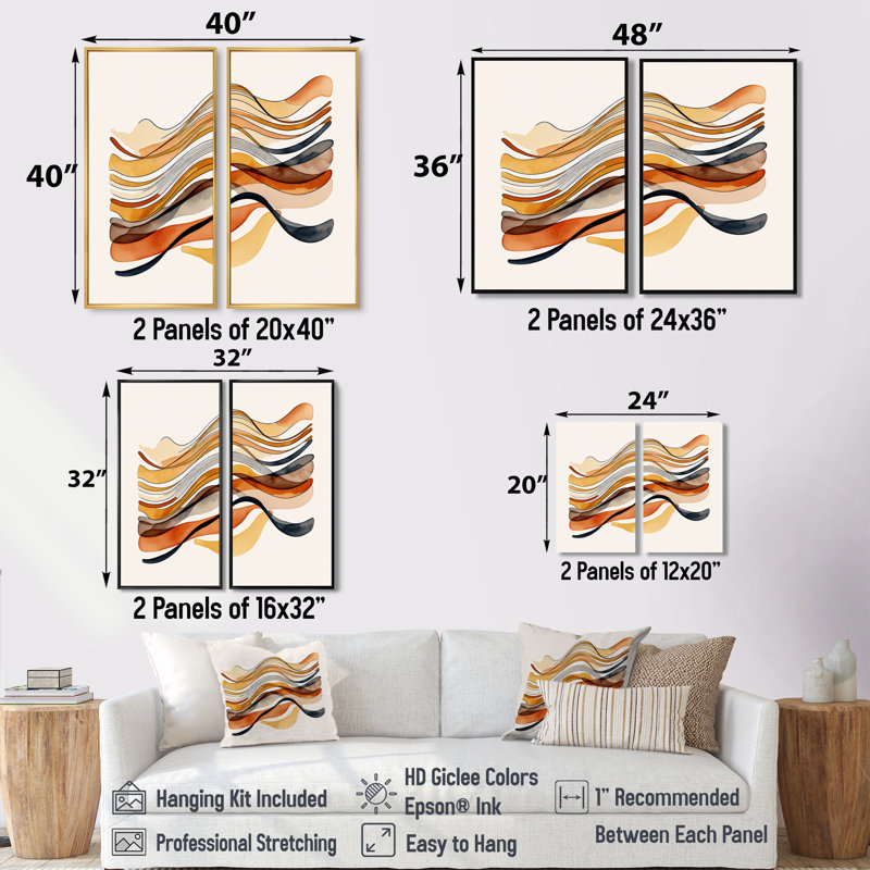 «Burnt Orange Waves Abstract I» - Décoration murale moderne jaune 2 pièces, Black, 36" H x 48" W