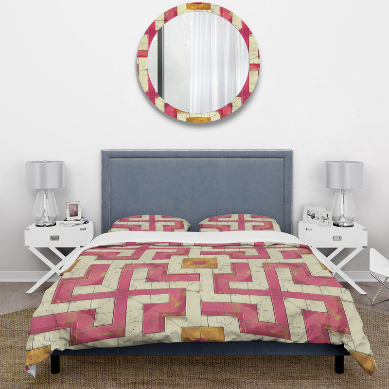 Ensemble de housse de couette rose beige Midcentury Maze II - Midcentury, Housse de couette simple + 2 taies décoratives st