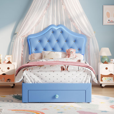 Twin Bed Frame with LED Lights, Upholstered Platform Bed with Storage Drawer & Crystal Tufted Headboard for Kids