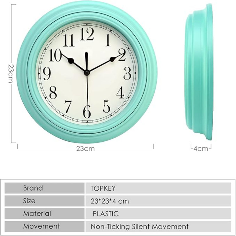 Horloge murale silencieuse 9 pouces, Sarcelle