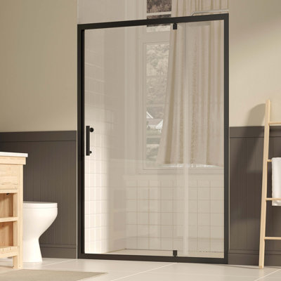 Porte de douche pivotante l 47 à 49 po x H 72 po, porte de douche en verre trempé clair de 1/4 po (6 mm) avec film anti-explosion, revêtement réversible Nano Easy-Clean, noir mat