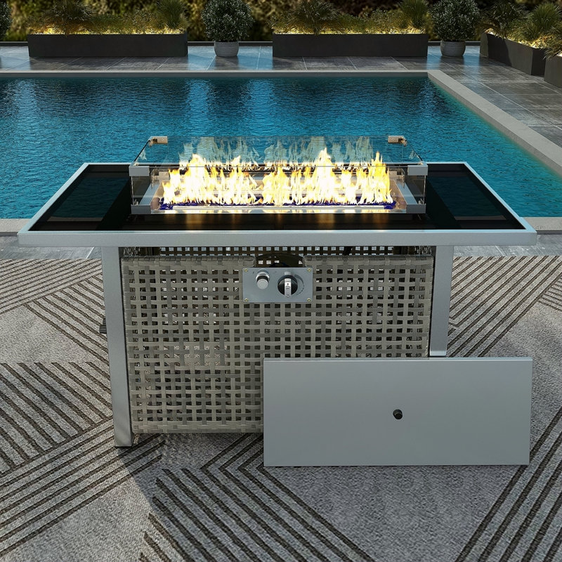 43" Propane Gas Fire Pit Table, 60000 BTU Rectangular Open Weave Wicker Fire Pit With Glass Wind Guard For Outside Patio Deck Garden Backyard