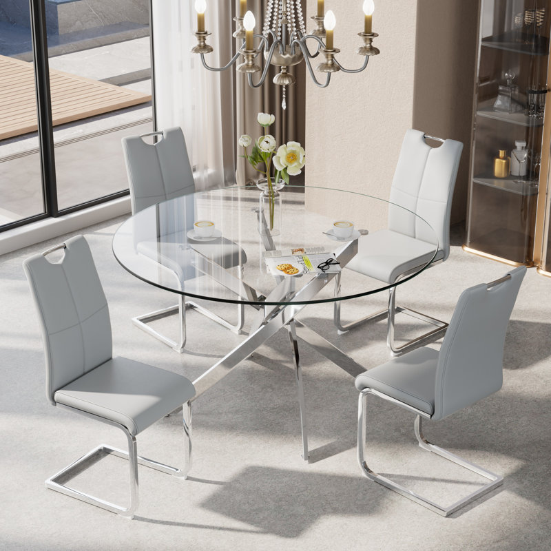 Ensemble de salle à manger 5 pièces, H 29,5 po x L 47 po x l 47 po, Argent, Gris léger / argent