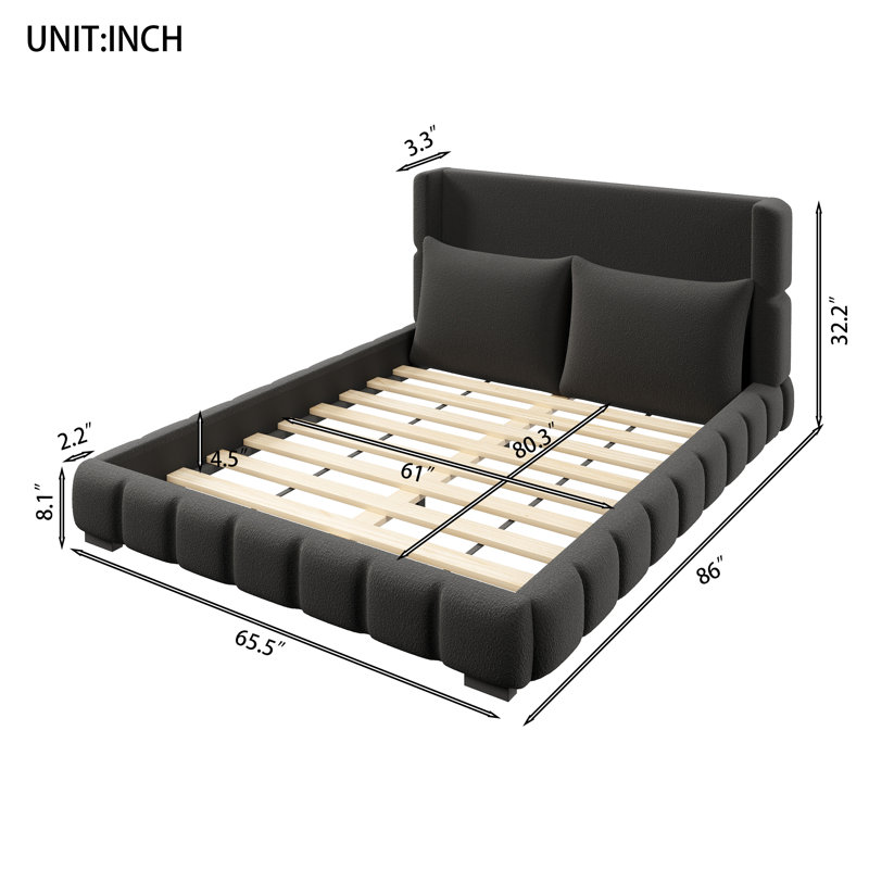 Grand lit plateforme tapissier avec deux coussins - Structure de lit moderne en tissu avec tête de lit, aucun sommier requis, noir