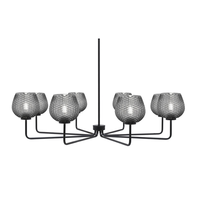Lustre 8 lumières Amarmula, finition noir mat, verre texturé fumée 6 ", Noir, Transparent/noir