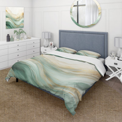 Ensemble de housse de couette or et vert Soft Wave Fusion I - Abstract Shapes