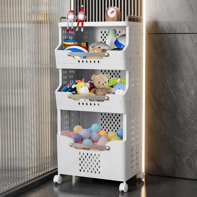Laundry Basket With Wheels,Rolling Folding Laundry Hamper,Utility Cart,Kitchen Storage Cart,Stackable Storage Bins Open Front,