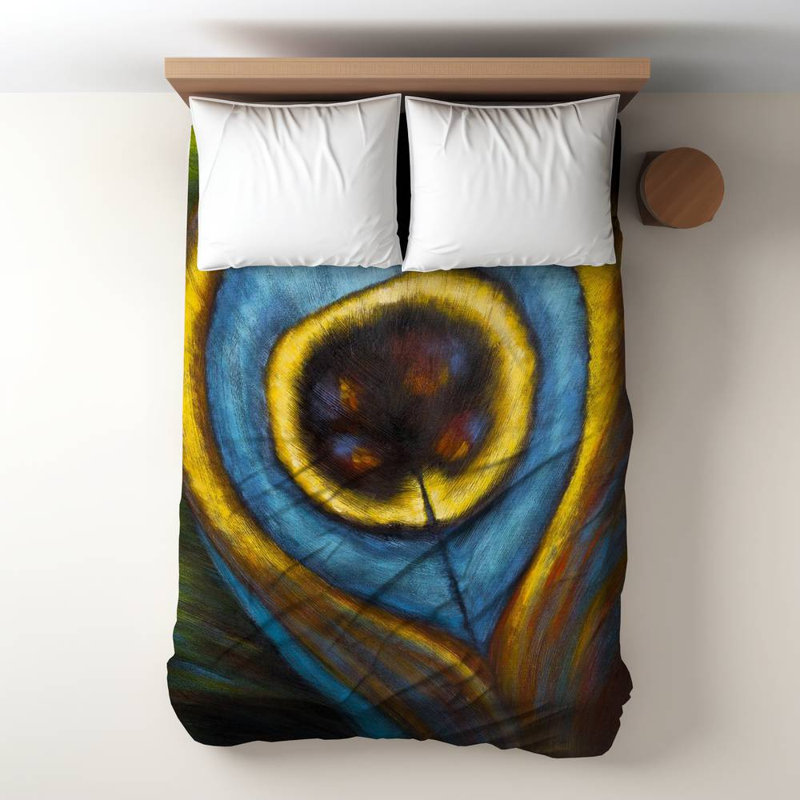 Polyester Sateen Duvet Cover, Twin Duvet, Blue Peacock Feather Closeup
