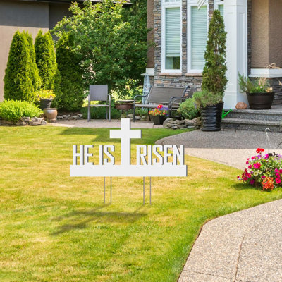 Panneau extérieur « Il est ressuscité » – Décorations de Pâques, PVC résistant aux intempéries avec piquets métalliques, 60 x 30 cm, pour jardin, église ou cour, blanc pastel