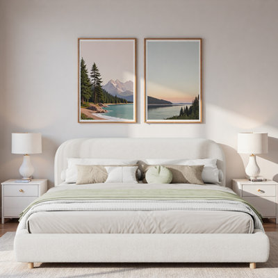 Upholstered Bed With Curved-shape Headboard And Sturdy Wood Legs