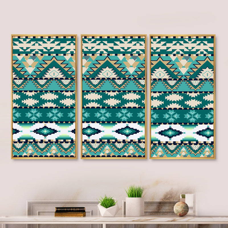 Aztec Geometrics - ensemble d'art moderne sur toile encadrée moderne de 3, H 20 po x l 36 po x P 1 po, Or