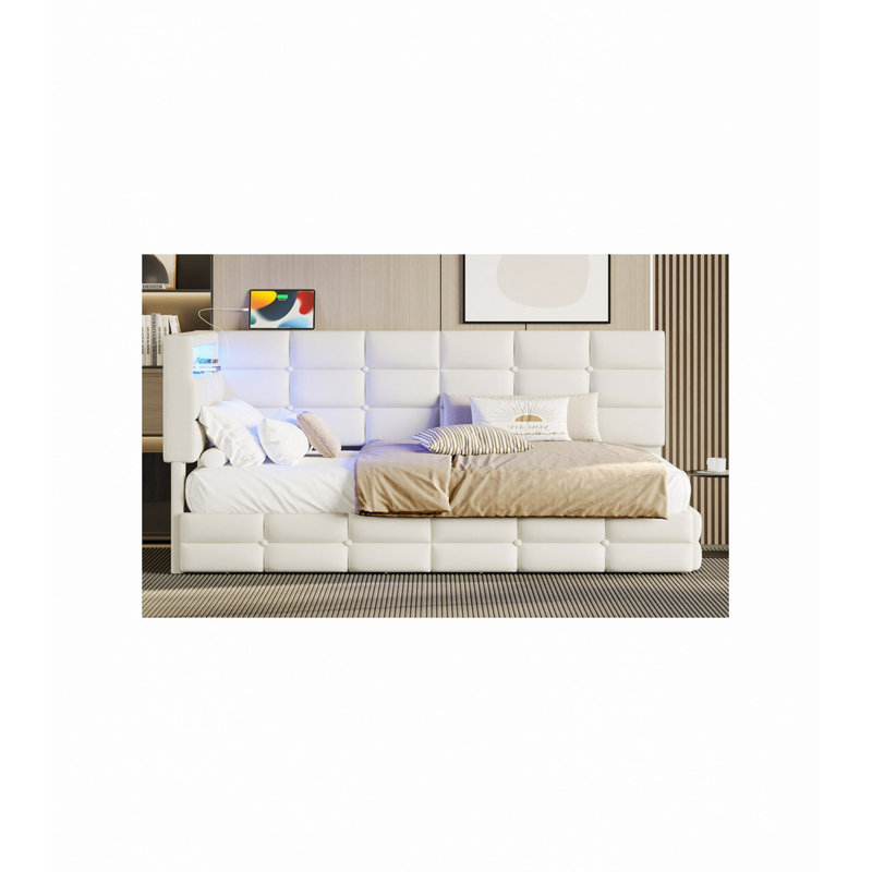 Daybed, Upholstered, With Storage 2 Drawers And Charging Station, Day Bed Frame With LED Lights And Storage Headboard, No Box-Spring Needed