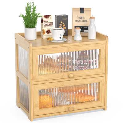 Bamboo Bread Box With Double Layer & 4 Sides Clear Window