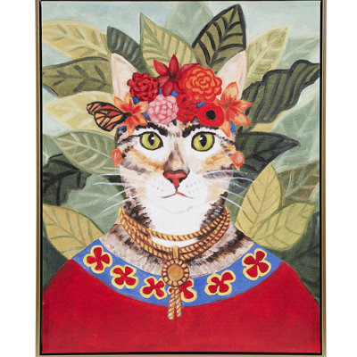 «Dynamic Bohemian Cat In Art», 16,5 po x 20,5 po, cadre doré, tête florale, art mural sur toile, 16,5 po x 20,5 po, intérieur