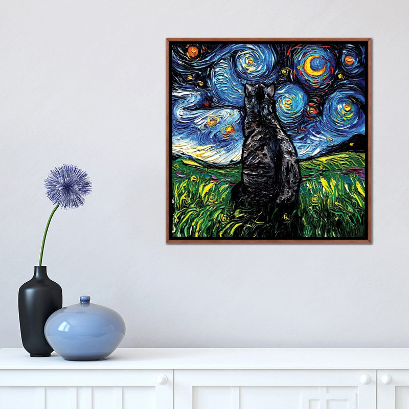 "Schnauzer Night" par aja Trèves, reproduction d’art, Pas de tapis, H 18 po x l 18 po x 1,5 po, Toile avec cadre noir