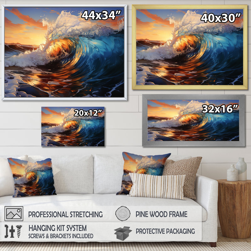 «Blue and Orange Sunrise Waves I» - art mural vagues côtières, Toile tendue, H 40 po x l 60 po x P 1,5 po