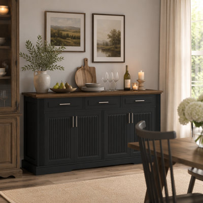 Buffet de style buffet cannelé de 63 po avec rangement, station de café moderne avec 4 portes et 3 tiroirs, console de rangement en bois pour le salon, la salle à manger et l'entrée