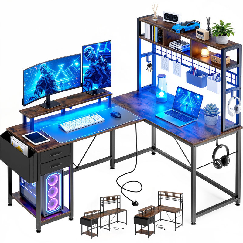 Metal Base Computer Desk with Power Outlet, Brown