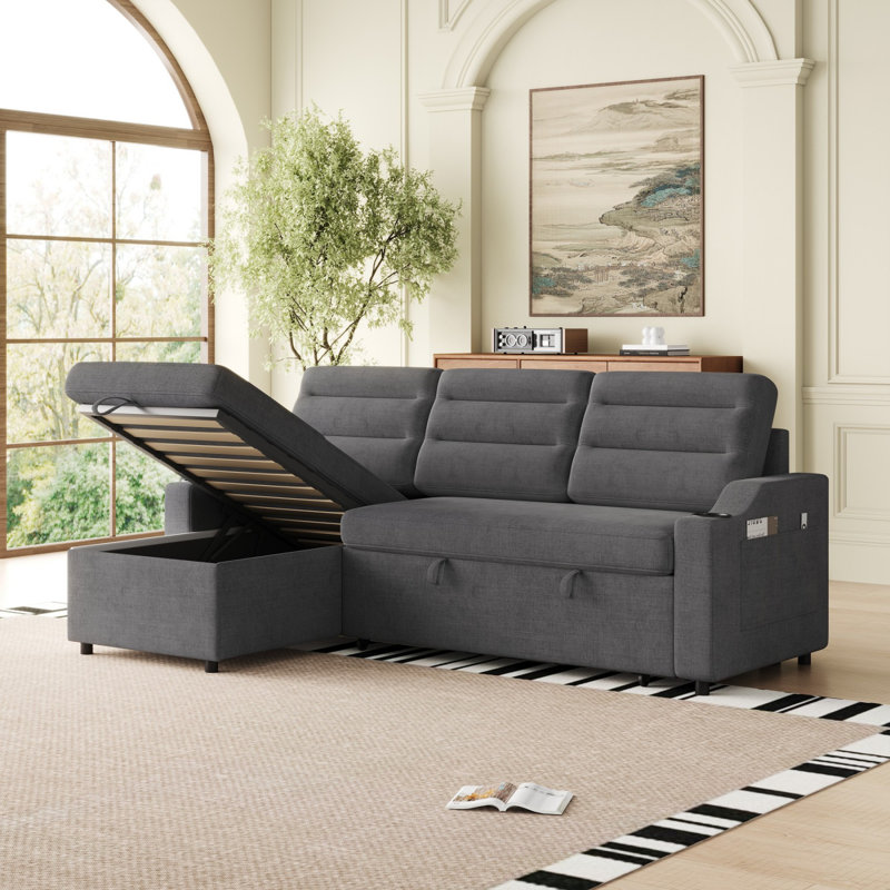 Canapé-lit, canapé-lit convertible avec lit inclinable et porte-gobelet, Polyester gris foncé