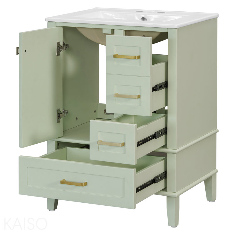 24.8" Modern Compact Bathroom Vanity with Ceramic Sink For Space-Saving Storage - Green, Green
