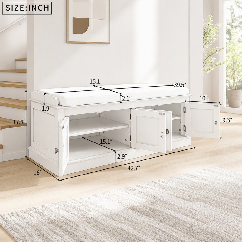 Banc de rangement à 4 portes et étagères réglables, banc à chaussures avec coussin amovible