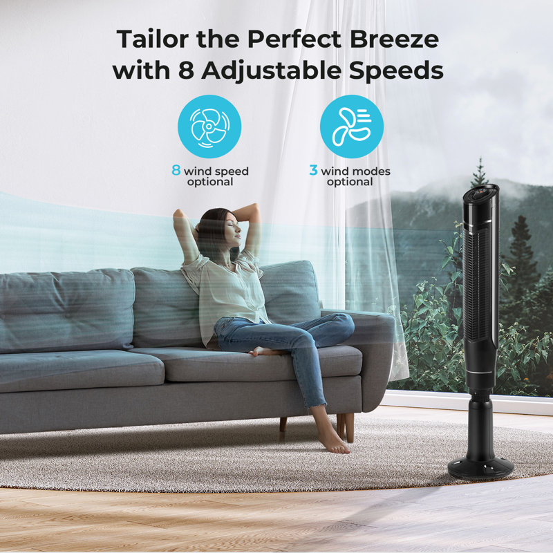 Tower Fan 59” Portable With Oscillation Remote Control, Adjustable height（0-7in）,8 Powerful Wind Speed And 3Modes Setting, Built In 24 H Timer Led Display Compact Standing Fan