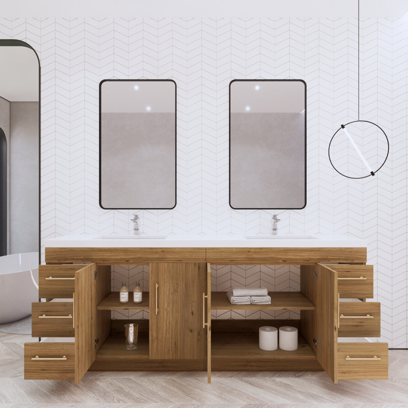 Irline 84" Double Bathroom Vanity Set, Natural Oak