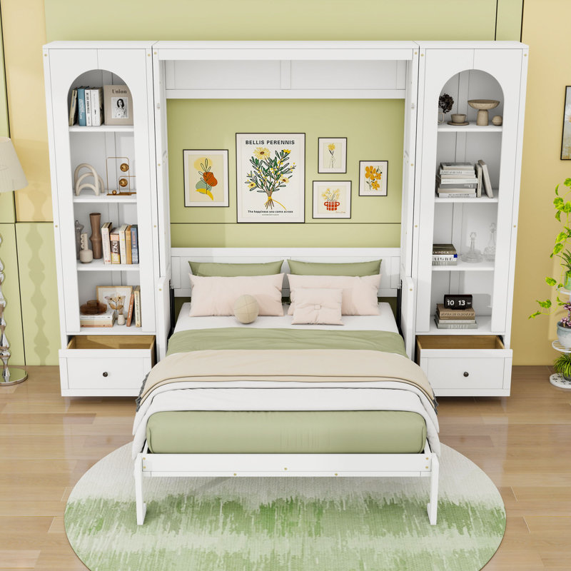 Grand lit escamotable en bois avec tiroirs de rangement, tablettes et bandes lumineuses à DEL, Blanc