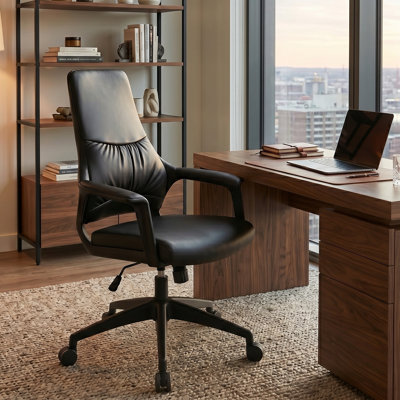 Faux Leather Executive Office Chair with Wider Seat, Ergonomic Upholstered Computer Chair with Adjustable Lumbar Support & Height, Swivel Desk Chair with Wrap-around Armrests