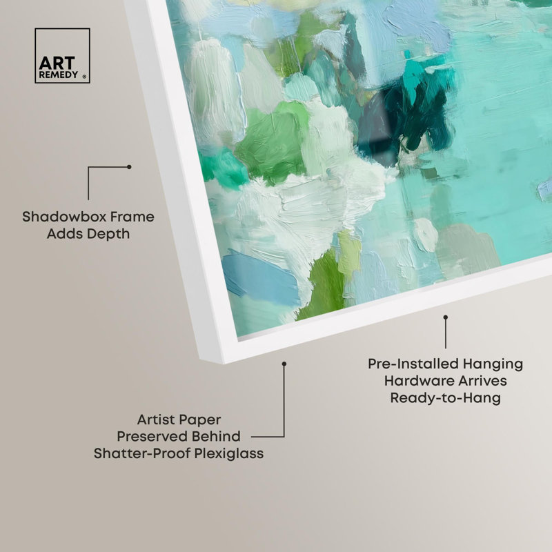 «Alista Green Blues Shadowbox», art abstrait vert par Art Remedy, H 25 po x l 37 po, Blanc
