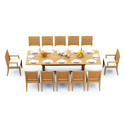 9 Pcs Grade-A Teak Wood Dining Set: 118" Double Extension Mas Rectangle Trestle Leg Table  Atnas  Chairs (2 Arm & 6 Armless Chairs) #11AT2502