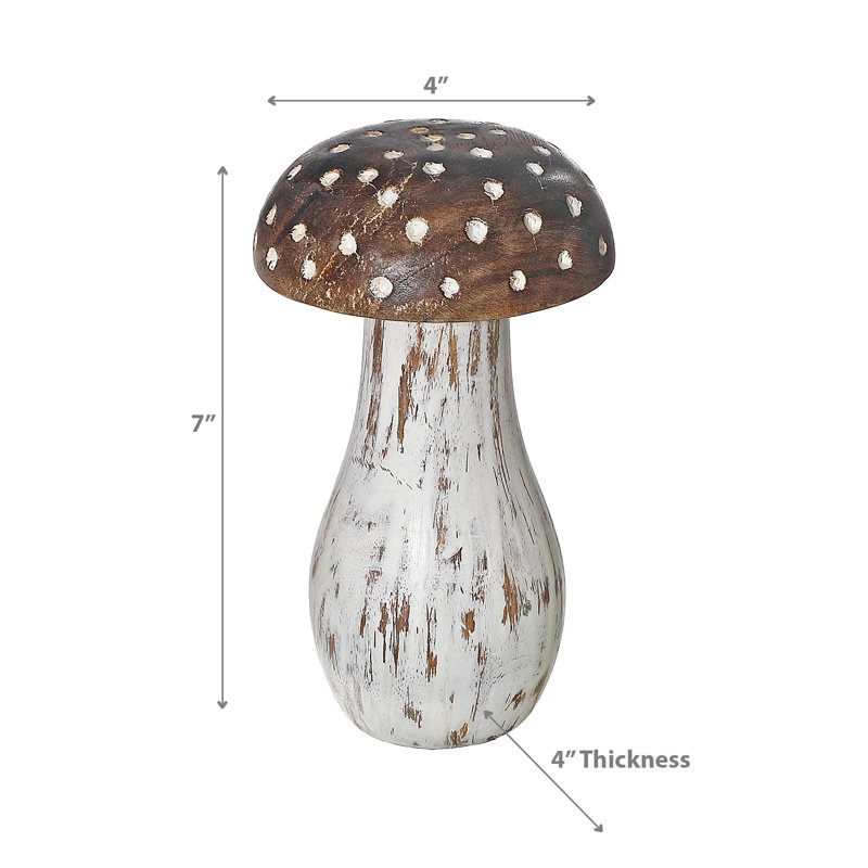 Petit champignon en bois de manguier à pois blancs, H 7,5 po x l 4,5 po x P 4,5 po