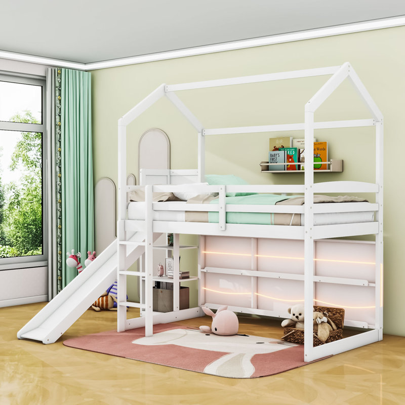 Lit mezzanine simple Amrina avec glissoire et tablettes de rangement, Blanc