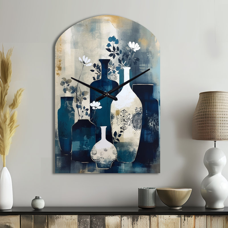 Horloge murale asymétrique bleue et crème, vase fantaisie en argile bleue et crème Boho, Médium